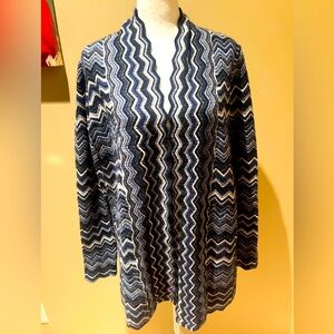 L Pure Cashmere Black & Blue Chevron Print Open Front Cardigan Sweater